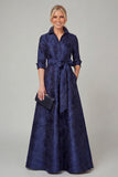 Navy Floral A Line Mother of the Bride Dress with Half Sleeves
