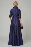 Navy Floral A Line Mother of the Bride Dress with Half Sleeves