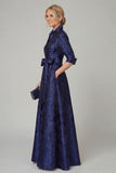 Navy Floral A Line Mother of the Bride Dress with Half Sleeves