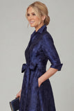 Navy Floral A Line Mother of the Bride Dress with Half Sleeves