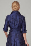Navy Floral A Line Mother of the Bride Dress with Half Sleeves