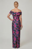 Off the Shoulder Fuchsia Sheath Printed Floral Long Mother of the Bride Dress