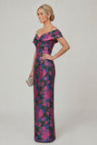 Off the Shoulder Fuchsia Sheath Printed Floral Long Mother of the Bride Dress