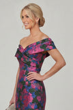 Off the Shoulder Fuchsia Sheath Printed Floral Long Mother of the Bride Dress