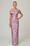 Off the Shoulder Fuchsia Sheath Printed Floral Long Mother of the Bride Dress