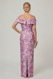 Off the Shoulder Fuchsia Sheath Printed Floral Long Mother of the Bride Dress