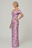 Off the Shoulder Fuchsia Sheath Printed Floral Long Mother of the Bride Dress