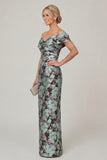 Off the Shoulder Fuchsia Sheath Printed Floral Long Mother of the Bride Dress