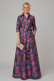 Purple A Line Floral Printed Half Sleeve Mother Of the Bride Dress with Belt