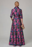 Purple A Line Floral Printed Half Sleeve Mother Of the Bride Dress with Belt