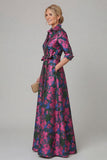 Purple A Line Floral Printed Half Sleeve Mother Of the Bride Dress with Belt