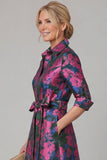 Purple A Line Floral Printed Half Sleeve Mother Of the Bride Dress with Belt