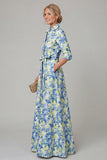 Purple A Line Floral Printed Half Sleeve Mother Of the Bride Dress with Belt