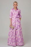 Purple A Line Floral Printed Half Sleeve Mother Of the Bride Dress with Belt