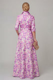 Purple A Line Floral Printed Half Sleeve Mother Of the Bride Dress with Belt