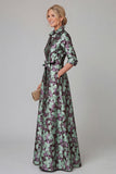 Purple A Line Floral Printed Half Sleeve Mother Of the Bride Dress with Belt