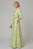Purple A Line Floral Printed Half Sleeve Mother Of the Bride Dress with Belt