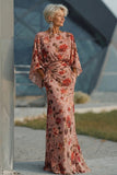 Dusty Rose Floral Chiffon Sheath Maxi Mother of the Bride Dress with Cape Sleeves