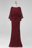 Burgundy Lace Sheath Maxi Mother of the Bride Dress with Cape Sleeves
