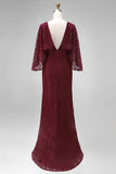 Burgundy Lace Sheath Maxi Mother of the Bride Dress with Cape Sleeves
