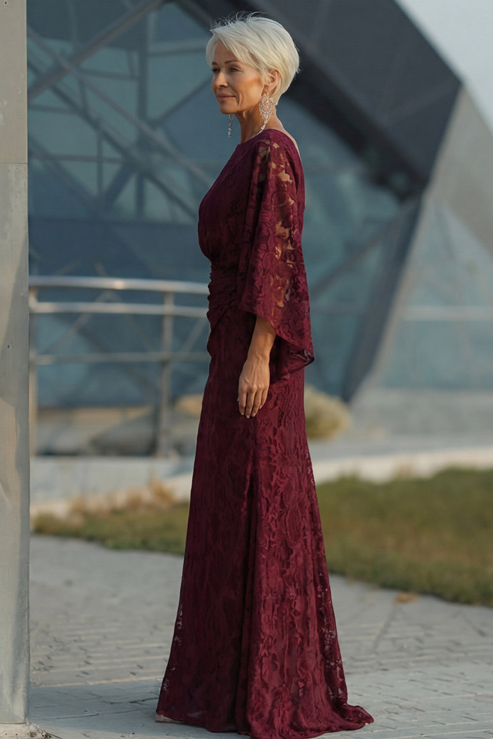 WEDTREND Women Burgundy Lace Mother of the Bride Dress Boat Neck Sheath Maxi Wedding Guest Dress with Cape Sleeves, Burgundy / US16W