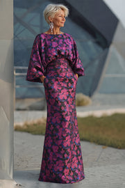 Fuchsia Floral Jacquard Sheath Maxi Mother of the Bride Dress with Cape Sleeves