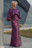 Fuchsia Floral Jacquard Sheath Maxi Mother of the Bride Dress with Cape Sleeves