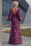 Fuchsia Floral Jacquard Sheath Maxi Mother of the Bride Dress with Cape Sleeves