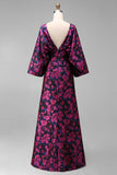 Fuchsia Floral Jacquard Sheath Maxi Mother of the Bride Dress with Cape Sleeves