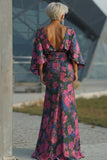 Fuchsia Floral Jacquard Sheath Maxi Mother of the Bride Dress with Cape Sleeves