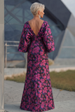 Fuchsia Floral Jacquard Sheath Maxi Mother of the Bride Dress with Cape Sleeves