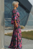 Fuchsia Floral Jacquard Sheath Maxi Mother of the Bride Dress with Cape Sleeves