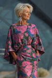 Fuchsia Floral Jacquard Sheath Maxi Mother of the Bride Dress with Cape Sleeves