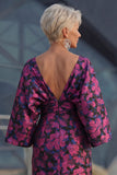 Fuchsia Floral Jacquard Sheath Maxi Mother of the Bride Dress with Cape Sleeves