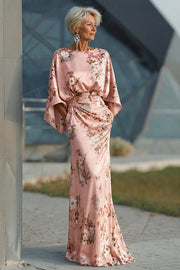 Floral Dusty Rose Satin Sheath Maxi Mother of the Bride Dress with Cape Sleeves