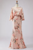 Floral Dusty Rose Satin Sheath Maxi Mother of the Bride Dress with Cape Sleeves