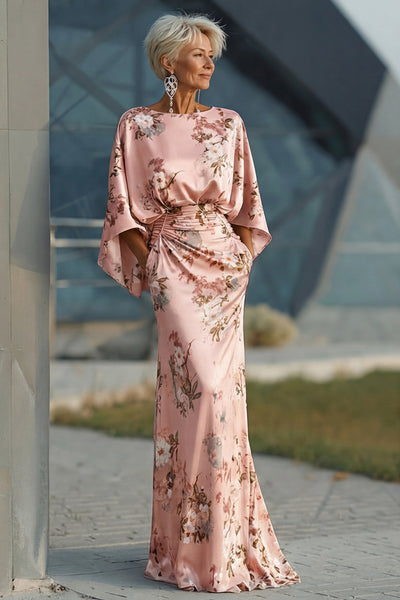 Floral Dusty Rose Satin Sheath Maxi Mother of the Bride Dress with Cape Sleeves