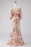 Floral Dusty Rose Satin Sheath Maxi Mother of the Bride Dress with Cape Sleeves