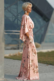 Floral Dusty Rose Satin Sheath Maxi Mother of the Bride Dress with Cape Sleeves