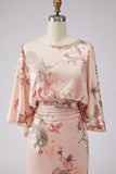 Floral Dusty Rose Satin Sheath Maxi Mother of the Bride Dress with Cape Sleeves