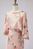 Floral Dusty Rose Satin Sheath Maxi Mother of the Bride Dress with Cape Sleeves