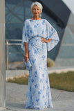 Dusty Rose Floral Chiffon Sheath Maxi Mother of the Bride Dress with Cape Sleeves