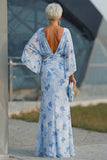 Dusty Rose Floral Chiffon Sheath Maxi Mother of the Bride Dress with Cape Sleeves