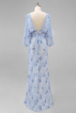 Dusty Rose Floral Chiffon Sheath Maxi Mother of the Bride Dress with Cape Sleeves