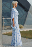 Dusty Rose Floral Chiffon Sheath Maxi Mother of the Bride Dress with Cape Sleeves