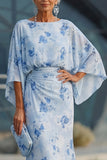 Dusty Rose Floral Chiffon Sheath Maxi Mother of the Bride Dress with Cape Sleeves