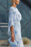 Dusty Rose Floral Chiffon Sheath Maxi Mother of the Bride Dress with Cape Sleeves