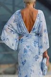 Dusty Rose Floral Chiffon Sheath Maxi Mother of the Bride Dress with Cape Sleeves
