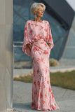 Dusty Rose Floral Chiffon Sheath Maxi Mother of the Bride Dress with Cape Sleeves
