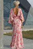 Dusty Rose Floral Chiffon Sheath Maxi Mother of the Bride Dress with Cape Sleeves